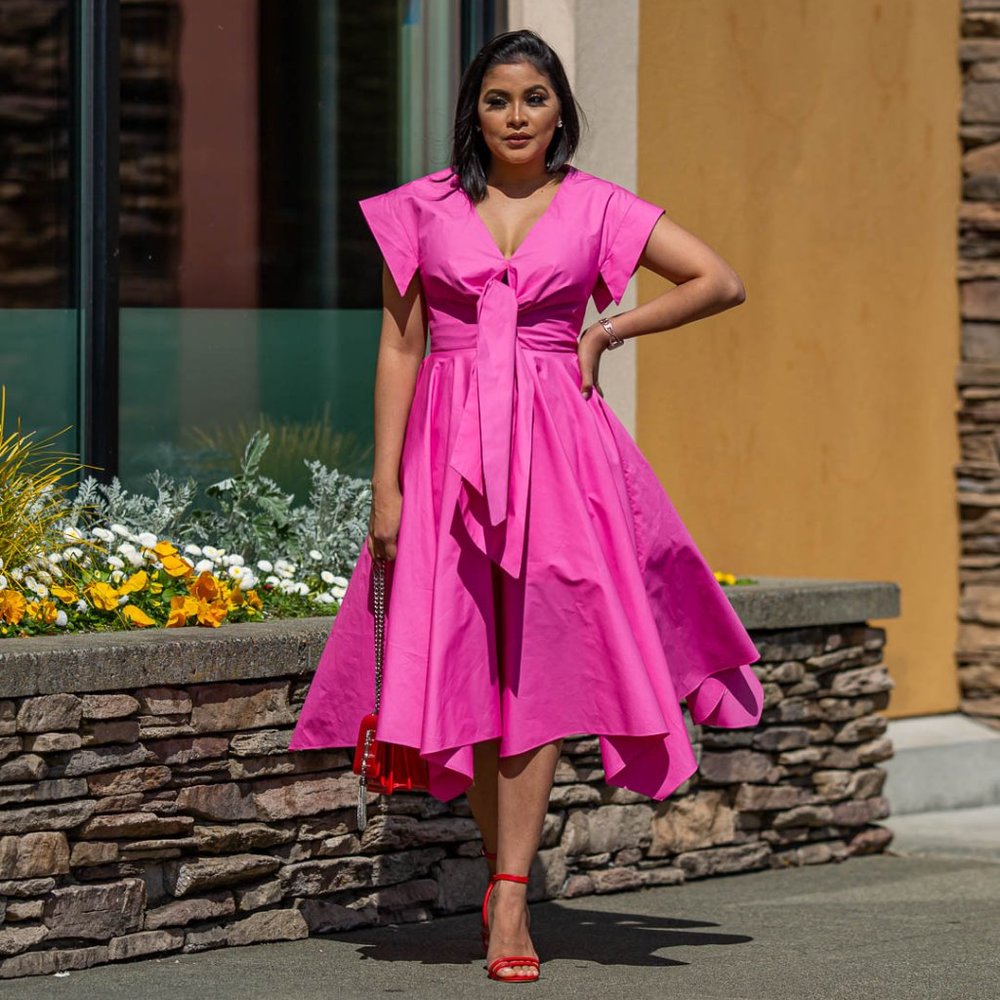 Hot Pink Midi Dress with Puffy Sleeves and a V-Neck
